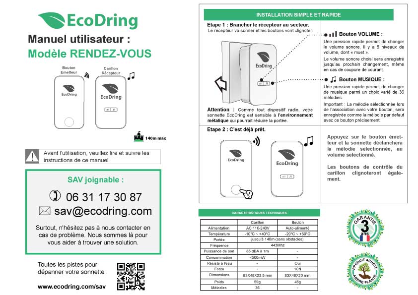 EcoDring Sonnette sans Fil sans Pile ECO ✮ Garantie Française 3 Ans ✮  portée jusqu'à 80 mètres, résistant à l'eau IPX7 + 36 mélodies : :  Bricolage
